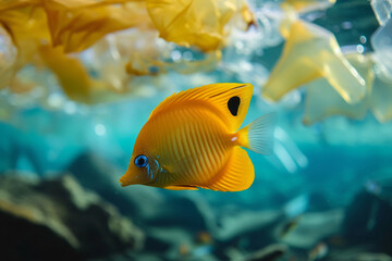 A striking butterfly fish swims through a clutter of plastic, a generative AI artwork raising awareness about marine pollution