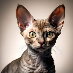 A photo of a Devon Rex cat with funny big ears, beautiful eyes and wavy fur. Generative AI