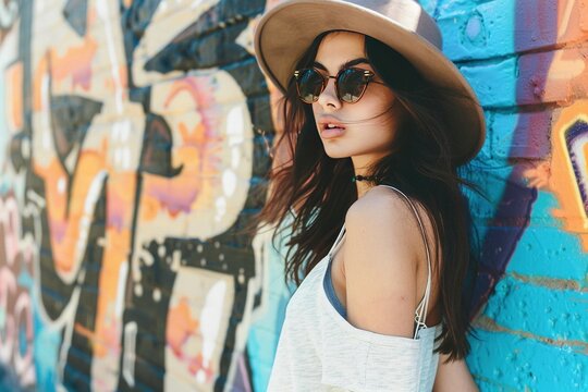 A young woman wearing sunglasses and a hat strikes a pose against a graffiti-covered wall, reminiscent of street style photography