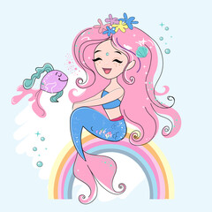 Cute cartoon illustration with beautiful mermaid and rainbow. T-shirt art, pajamas print for kids. summer time - 767061147