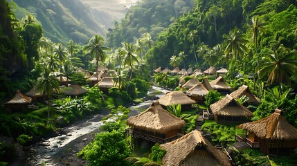 Rustic Charm: A Cluster of Thatched Roofs Nestled Amidst Nature's Embrace, Emanating Timeless Elegance and Cozy Warmth, Inviting One to Retreat into the Tranquil Heart of Tradition. - obrazy, fototapety, plakaty