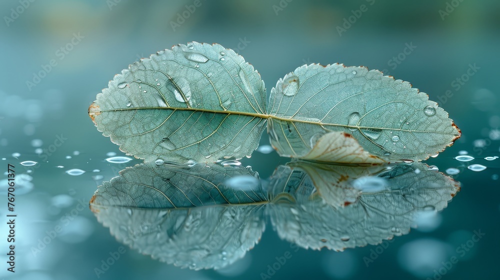 Poster the white transparent leaf is reflected on the turquoise background, creating an artistic nature ima