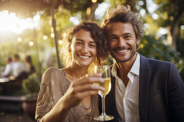 Cheerful couple celebrating with a toast outdoors. Generative AI image