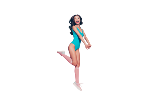 Full length size profile side view attractive adorable beautiful pretty cute sweet relax rest lady with her wave curly hair she in style stylish shoes knee sock isolated on pastel pink background