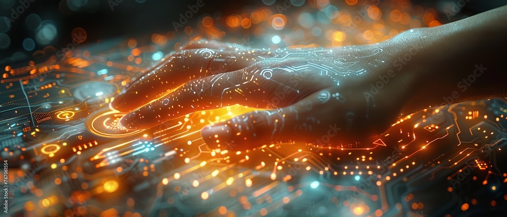 Leinwandbilder Data concept. Digital neural network. Hand of businesswoman touching artificial intelligence technology. Future cyberspace. Science and technology innovation.