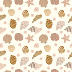 Seamless pattern with beige flat shells on a light background. Summer wallpaper or print
