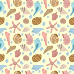 Foto auf Glas Multi-colored shells seamless pattern on a light yellow background. Good for prints, designs, clothing and other projects © Rina Design