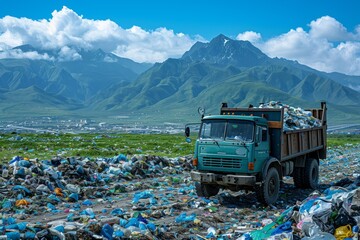 Dump truck traversing trash field with mountains, under cloudy sky