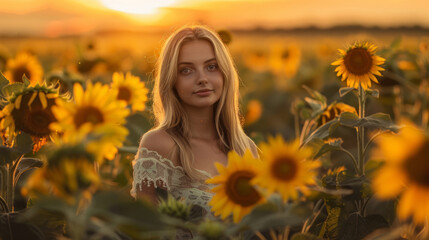 A beautiful young blond woman standing in a sunflower field at sunset