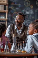 male teacher, teaching science for kids