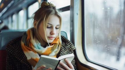 Young casual woman reading a book while traveling on a bus, seated near the window.