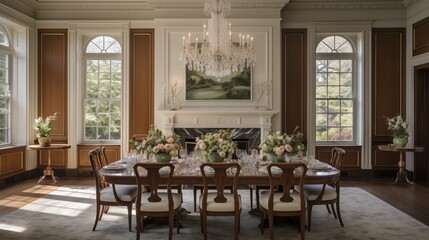 Formal Georgian-style dining room with wood paneling triple-hung windows fireplace inglenook swan's neck pediment entrance and crystal chandelier. - obrazy, fototapety, plakaty