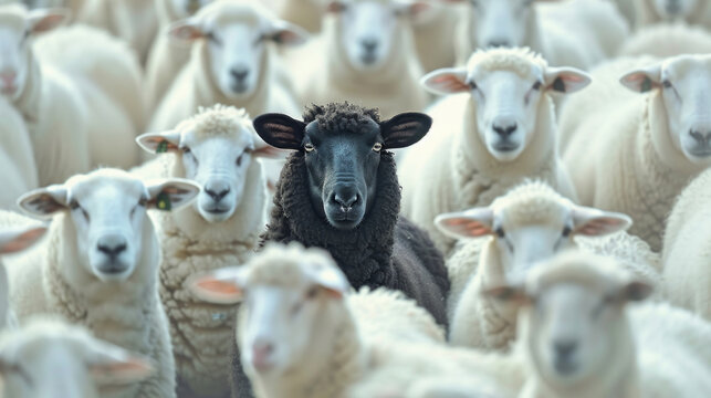 A black sheep among a flock of white sheep, raising head as a leader