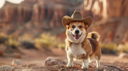 A happy corgi dog standing in the wild west desert, wearing a cowboy hat