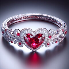Very beautiful diamond bracelet, red heart, 3D rendering.
 - obrazy, fototapety, plakaty
