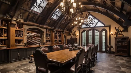 Fotobehang French chateau-inspired wine tasting room with vaulted wood ceilings and custom wrought iron tasting table. © Aeman