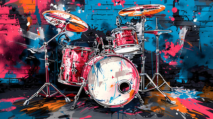 World Jazz Day, hand draw painting illustration of Drum Set on wall, Generative Ai