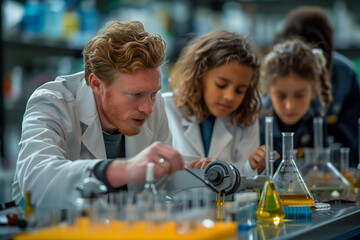 teacher and students engaged in scientific experiments within a laboratory