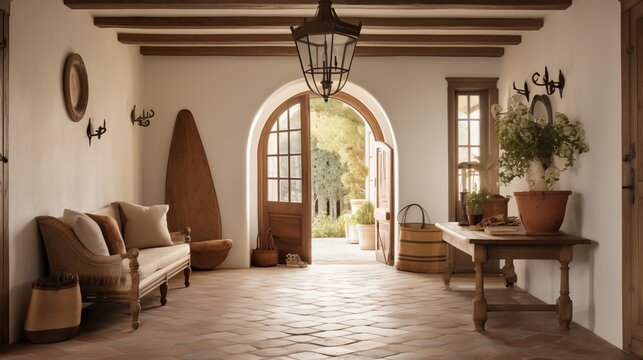 French Country entry hall with patterned tile floors wood beams antique bench and arched doorways.