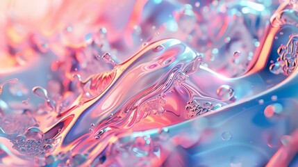 3D rendering, abstract pink and blue pastel color gradient, smooth liquid-like shape with bubbles,...