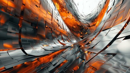 Abstract 3D rendering of a curved metal tunnel with glowing orange light.