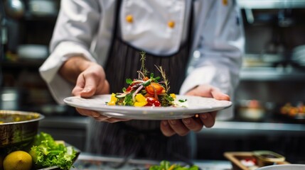 Chef Holding Plate of Food in Kitchen