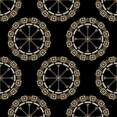 Seamless vector pattern with round color geometric shapes. Decorative motifs background. Seamless vector pattern with abstract round shapes. Beige and brown color shapes isolated on black background.