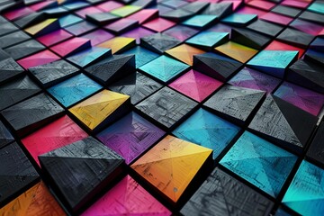 Abstract background with multi-colored triangular tiles and black blocks, 3D render