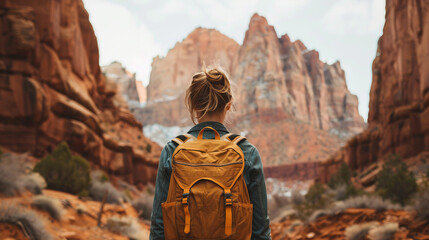 Fototapeta na wymiar A young woman, alone in nature, seen from behind in front of a canyon, ready to cross the desert
