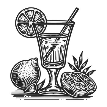 citrus vodka tequila alcohol drink in glass, straw, and sliced lemons sketch engraving generative ai vector illustration. Scratch board imitation. Black and white image.