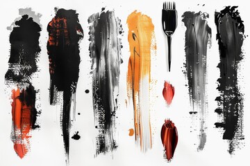 There are grunge brushes in this set. Ink stains, smudges and abstract paint strokes on a white background.