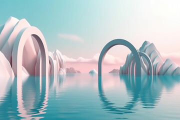 Fototapeta na wymiar abstract zen seascape background. Nordic surreal scenery with geometric mirror arches, calm water and pastel gradient , Ai Geneated Image