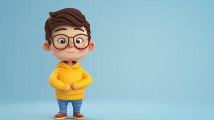 3D rendering of a cute little boy with glasses wearing a yellow sweater and blue jeans.