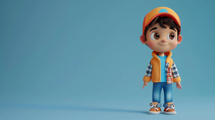 Little boy with brown hair and blue eyes wearing a baseball cap, orange jacket, plaid shirt and jeans.