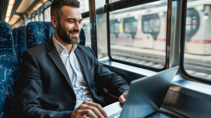 Smiling bearded businessman in a suit working on laptop computer while traveling with the train, sitting next to a window, distance work.