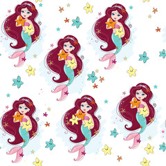 Cute cartoon illustration with beautiful mermaid and starfish on a white background seamless pattern. T-shirt art, pajamas print for kids - 767063922
