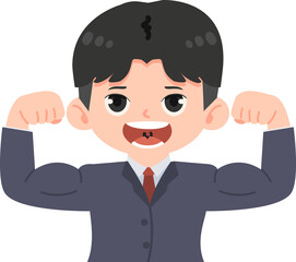 Business man in suit shows muscles cartoon