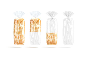 Blank bread in white transparent cellophane pack mockup, no gravity