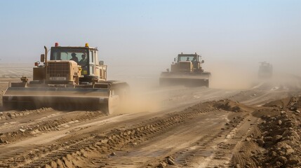 Bulldozers on Dusty Construction Ground