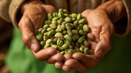 Hands holding a quantity of green cardamom pods, possibly suggesting cooking or the spice trade - obrazy, fototapety, plakaty