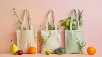 Close up eco-bags made from recyclable packaging for storing vegetables and fruits with herbs on a pastel background. Concept of ecological lifestyle, recycling - obrazy, fototapety, plakaty
