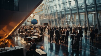 A bustling conference hall filled with industry professionals discussing the latest trends and developments in finance - obrazy, fototapety, plakaty