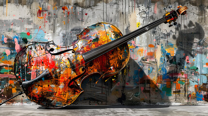 World Jazz Day, hand draw painting illustration of Double Bass on wall, Generative Ai