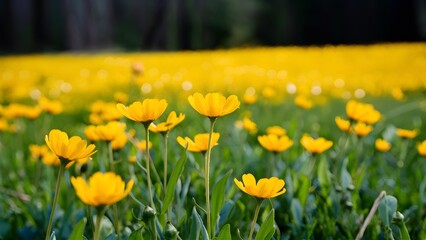 Obraz premium Beautiful buttercup in nature spring landscape with wild yellow buttercups