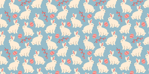 Bunny seamless pattern with leaves in doodle style. Endless Illustration with animals. White rabbits with botanical elements on blue background. Cute kids design