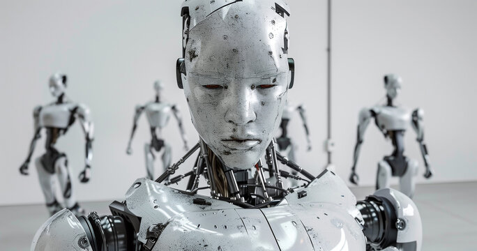 humanoid robot. Smart handsome robot man torso with an open mechanical. Cyborg man by torso.