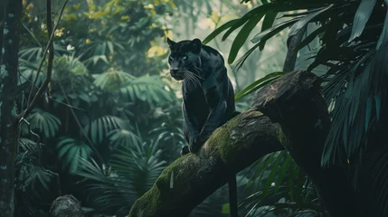 Türaufkleber Black panther sitting on a tree in the jungle © standret