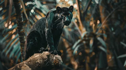 Tuinposter Black panther sitting on a tree in the jungle © standret