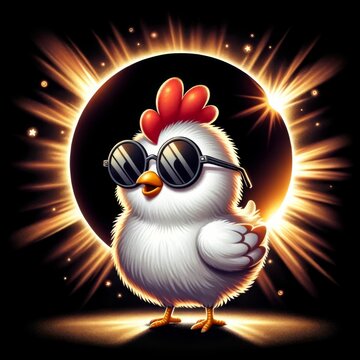 Illustration of a confident cartoon chicken wearing sunglasses in front of a dramatic solar eclipse, exuding coolness.