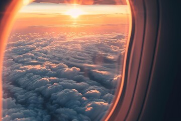 Airplane window seat view of sunset horizon and clouds, air travel and wanderlust concept